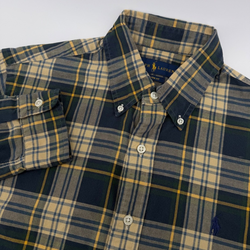 Ralph Lauren Button Down Shirt Mens S Blue Green Plaid Cotton Long Slv‎